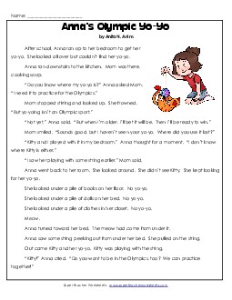 Anna\'s Olympic Yo-Yo 2nd Grade Reading Comprehension Worksheet