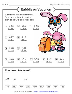 Math Riddle: Rabbits on Vacation Subtraction Worksheet