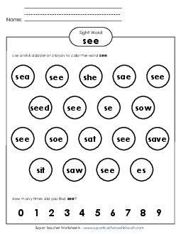 Dab or Color: See Sight Words Individual Worksheet