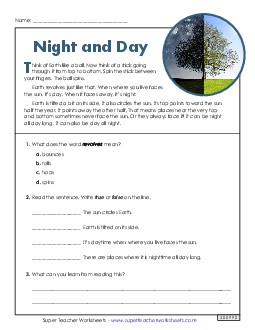 Night and Day (Short) 2nd Grade Reading Comprehension Reading Comp Short Worksheet