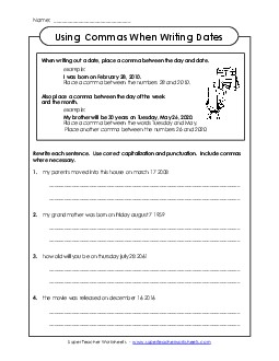 Commas for Dates: Sentences Worksheet