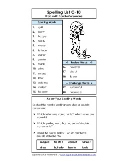 Spelling List C-10 Spelling C Worksheet