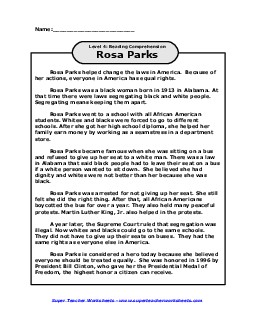 Rosa Parks 4th Grade Reading Comprehension Worksheet