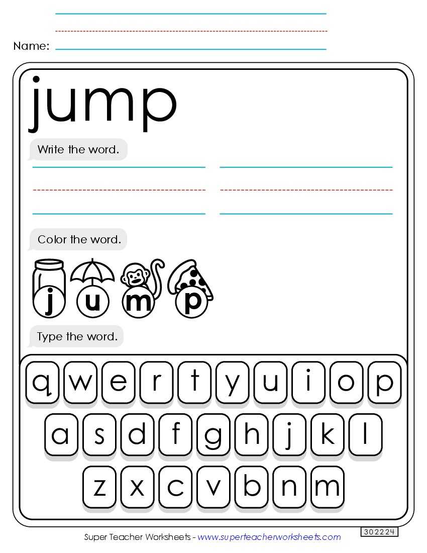 Write, Color, Type: Jump Sight Words Individual Worksheet