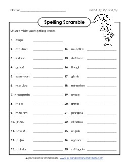 Word Scramble (E-2) Free Spelling E Worksheet