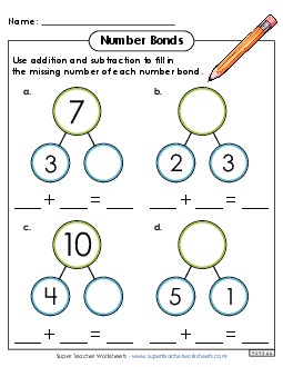 Number Bonds with Equations Number Families Worksheet