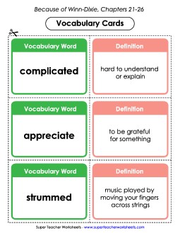 Vocab. Cards for Chapters 21-26 Book Because Of Winn Dixie Worksheet