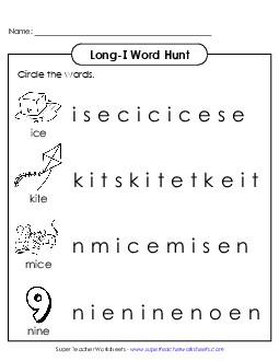 Long I: Horizontal Word Hunt (Illustrated) Phonics Long Short I Worksheet