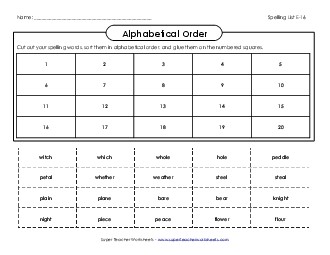 ABC Order: Cut-Glue (E-16) Spelling E Worksheet