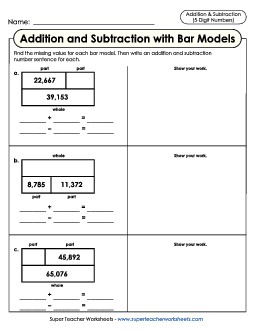 Addition-Subtraction Bar Models With Work Space (5-Digit) Mixed Addition Subtraction Worksheet