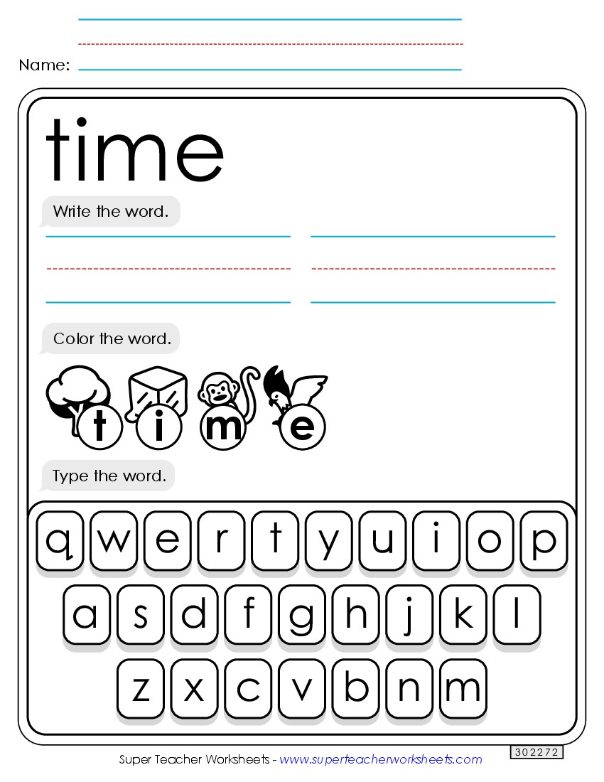 Write, Color, Type: Time Sight Words Individual Worksheet