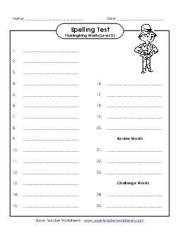 Spelling Test (D-Thanksgiving)  Spelling D Worksheet