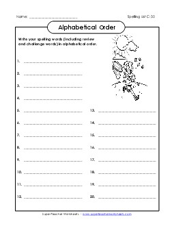 ABC Order: Write List (C-30) Spelling C Worksheet