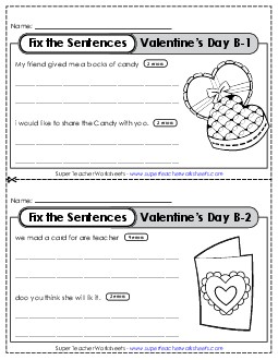 Fix the Sentences: Valentine\'s Day (Grade 2) Worksheet