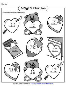 3 - Digit Valentine\'s Subtraction Valentines Day Worksheet