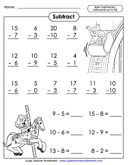 Basic Subtraction Facts: Theme Park  Worksheet