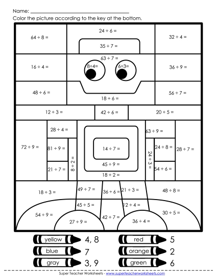 Division Mystery Picture: Robot Worksheet