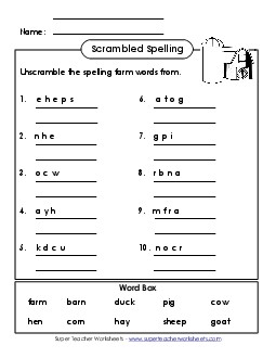 Word Unscramble (A-Farm Words)  Spelling A Worksheet