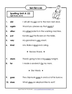 Spelling Test Sentences (A-30) Spelling A Worksheet