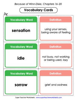 Vocab. Cards for Chapters 16-20 Book Because Of Winn Dixie Worksheet