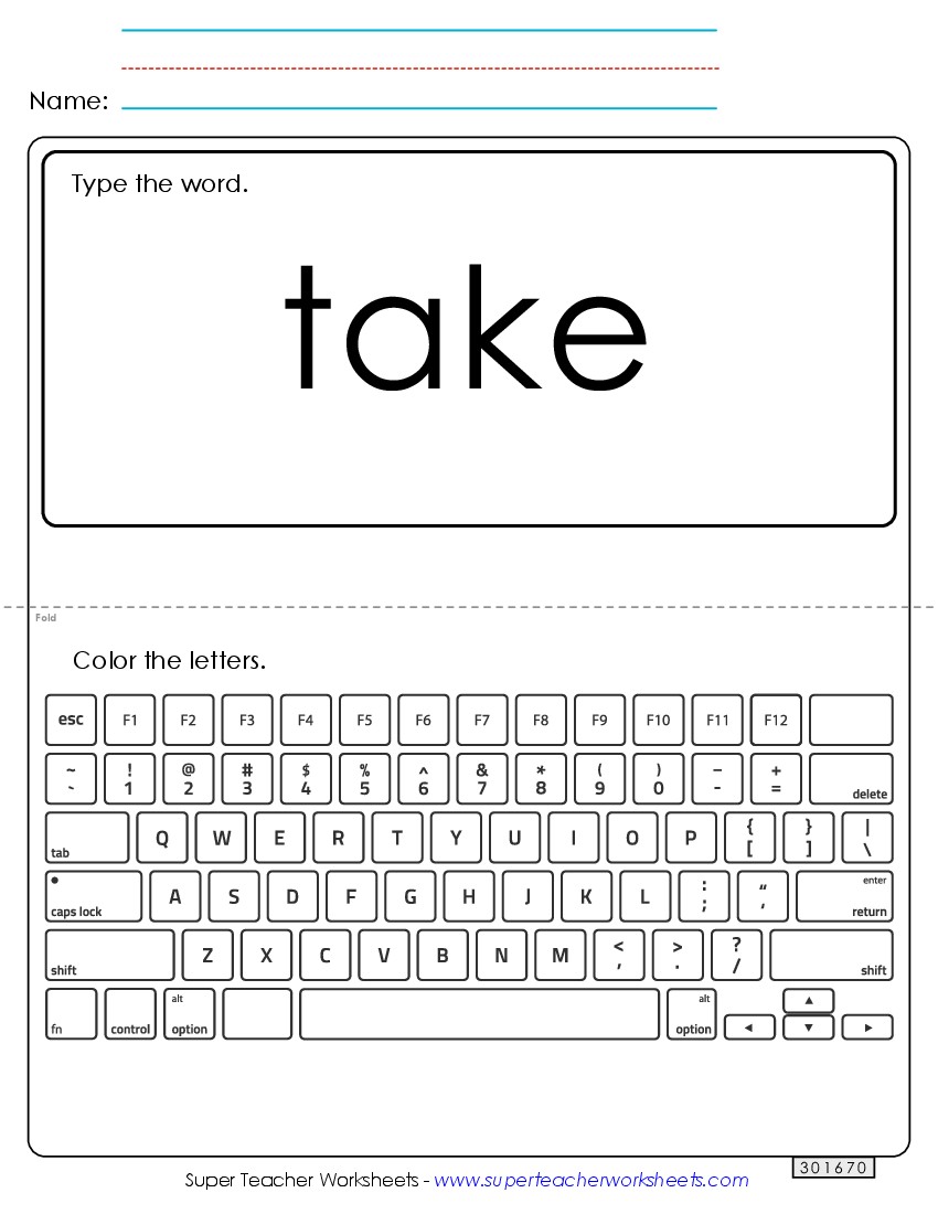 Type the Word: Take Sight Words Individual Worksheet