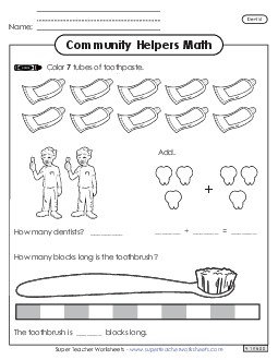 Mixed Math Skills (Very Basic) Community Helpers Worksheet