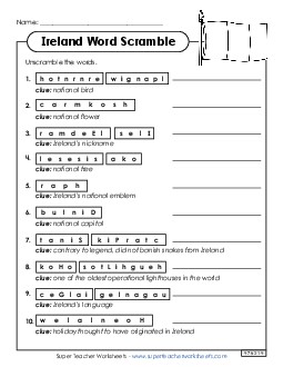 Ireland Word Scramble Free Worksheet