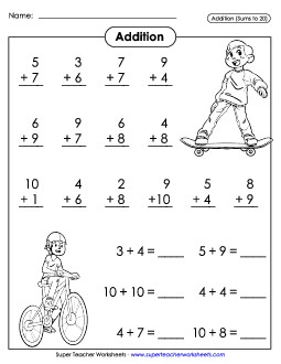 Basic Addition Facts: Outdoor Sports Worksheet