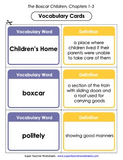 Vocabulary Cards for Chapters 1-3 Book The Boxcar Children Worksheet