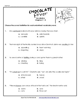 Vocabulary for Chapters 7-8 Book Chocolate Fever Worksheet