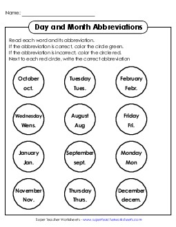 Day Month Coloring Abbreviations Worksheet