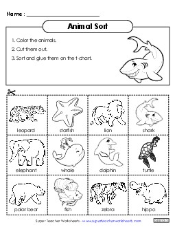 T-Chart Sort: Ocean & Zoo Animals Ocean Life Worksheet