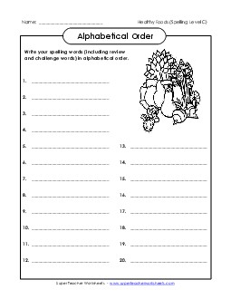 ABC Order: Complete List (C-Healthy Foods)  Spelling C Worksheet