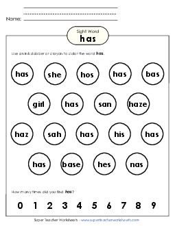 Dab or Color: Has Sight Words Individual Worksheet