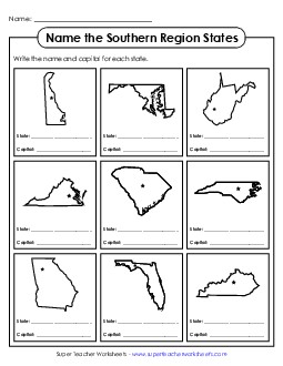 Name the States: Southern Region Worksheet