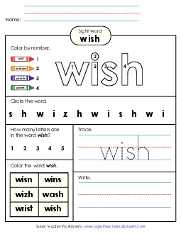 Worksheet 4: Wish Sight Words Individual Worksheet