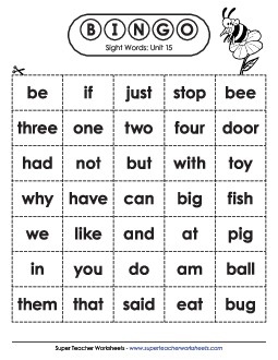 Sight Word Bingo (Unit 15) Sight Words Worksheet