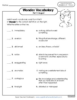 Vocabulary for Part 1 Book Wonder Worksheet