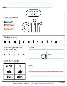 Worksheet 4: Air Sight Words Individual Worksheet