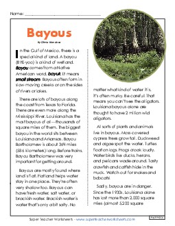 The Bayou (Nonfiction) 4th Grade Reading Comprehension Worksheet