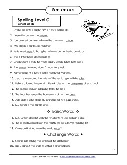 Spelling Test Sentences (C-School Words)  Spelling C Worksheet