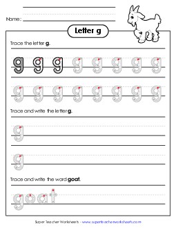 Lowercase g (Outlined Letters) Printing Handwriting Worksheet