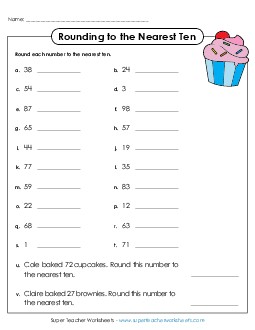 Rounding to Nearest 10: Cupcake Worksheet