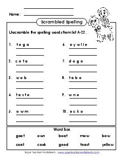 Word Unscramble (A-22) Spelling A Worksheet