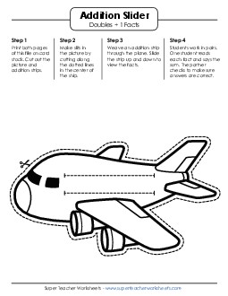 Airplane Math Slider: Addition Doubles +1 Facts Worksheet