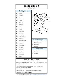 Spelling Word List (E-4) Spelling E Worksheet