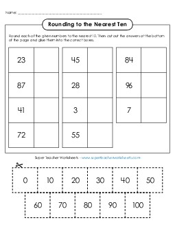 Cut-and-Glue: Rounding to Nearest 10 Worksheet