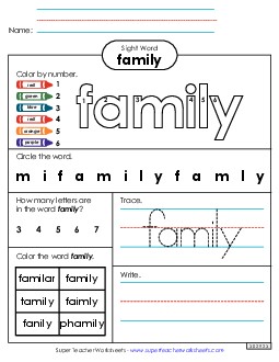 Worksheet 4: Family Free Sight Words Individual Worksheet