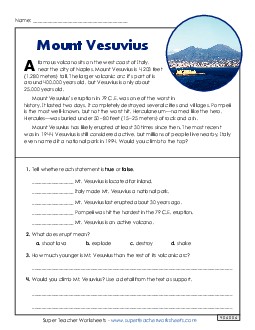 Mt. Vesuvius 4th Grade Reading Comprehension Reading Comp Short Worksheet