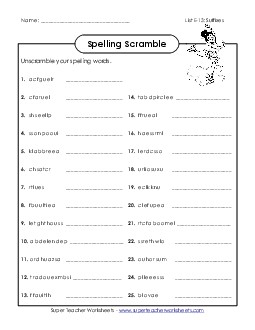 Word Scramble (E-13) Spelling E Worksheet